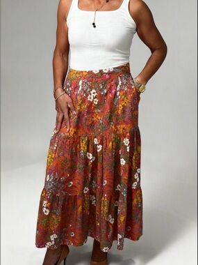 Cynthia Rowley Rust Floral Tiered Maxi Skirt